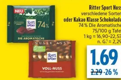 Ritter Sport Nuss oder Kakao Klasse Schokolade