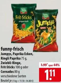 funny-frisch Jumpys, Paprika Ecken, Ringli Paprika 75 g, Zwiebli-Ringe, Frit-Sticks 100 g oder Cornados 80 g
