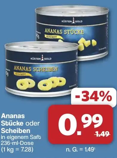 Ananas Stücke oder Scheiben