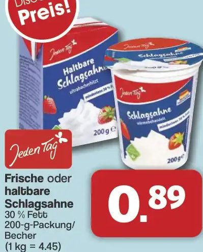 Jeden Tag Frische oder haltbare Schlagsahne