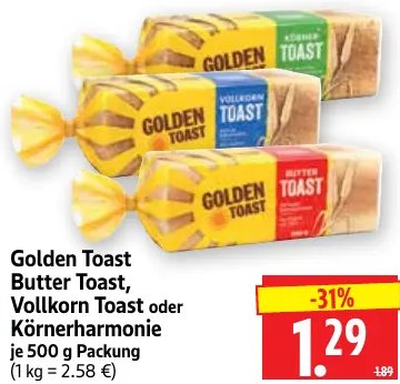 Golden Toast Butter Toast, Vollkorn Toast oder Körnerharmonie