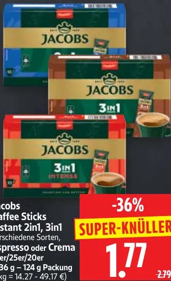 Jacobs Kaffee Sticks Instant 2in1, 3in1