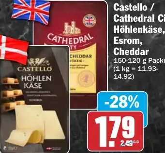 Castello / Cathedral City Höhlenkäse, Esrom, Cheddar