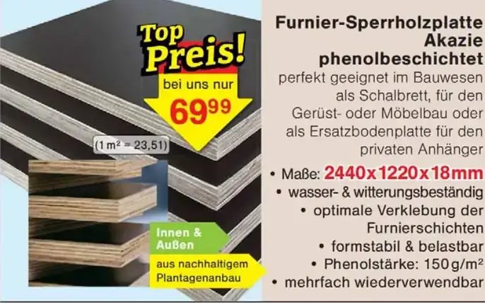 Furnier-Sperrholzplatte Akazie phenolbeschichtet