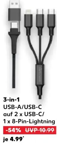 3-in-1 USB-A/USB-C auf 2 x USB-C/ 1 x 8-Pin-Lightning Lade- und Datenkabel