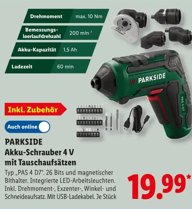 PARKSIDE Akku-Schrauber 4 V mit Tauschaufsätzen