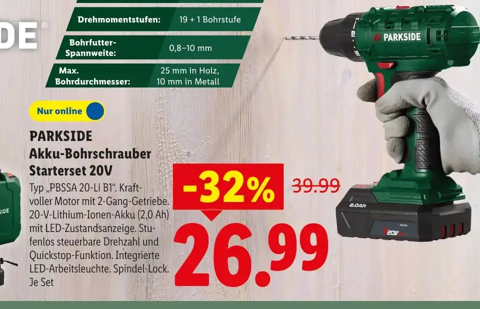 PARKSIDE Akku-Bohrschrauber Starterset 20V
