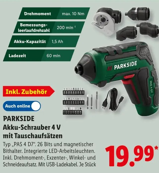PARKSIDE Akku-Schrauber 4 V mit Tauschaufsätzen