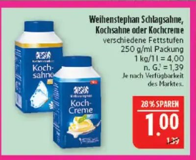 Weihenstephan Schlagsahne, Kochsahne oder Kochcreme