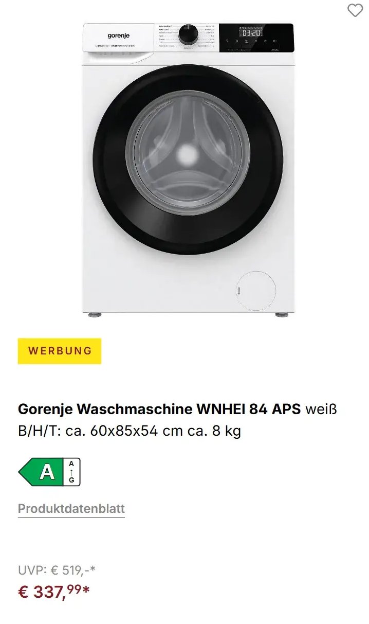Gorenje Waschmaschine WNHEI 84 APS weiß