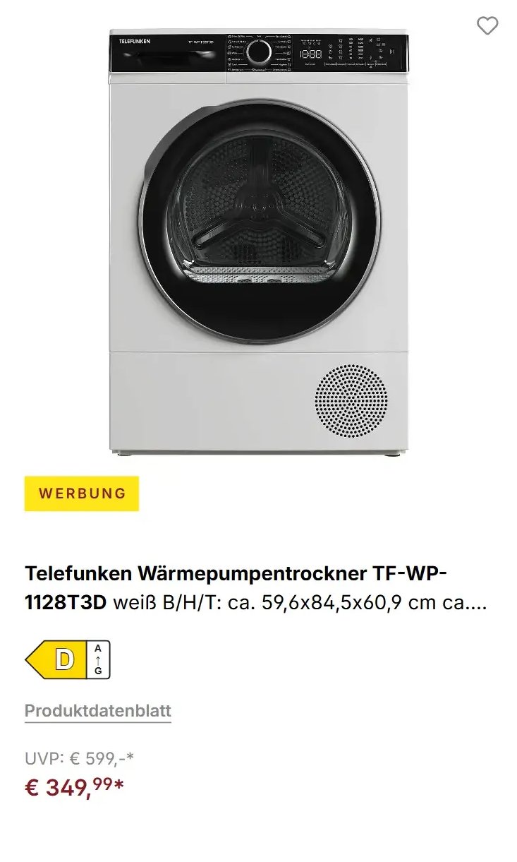 Telefunken Wärmepumpentrockner TF-WP-1128T3D