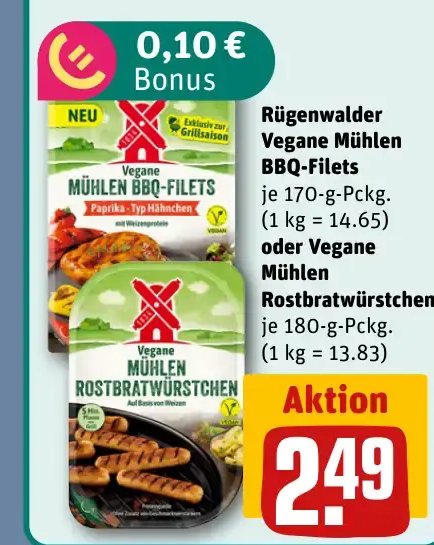 Rügenwalder Vegane Mühlen BBQ-Filets oder Vegane Mühlen Rostbratwürstchen