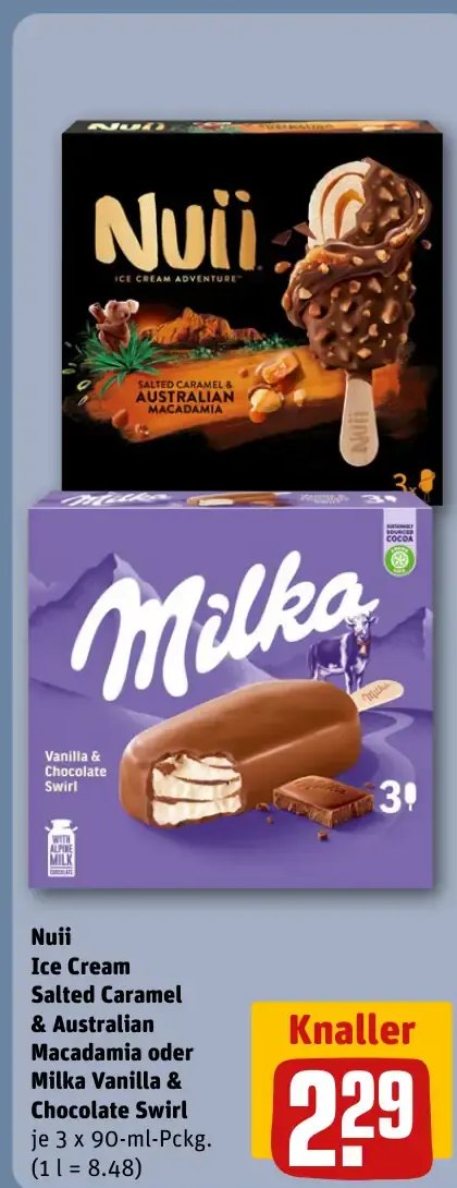 Nuii Ice Cream Salted Caramel & Australian Macadamia oder Milka Vanilla & Chocolate Swirl