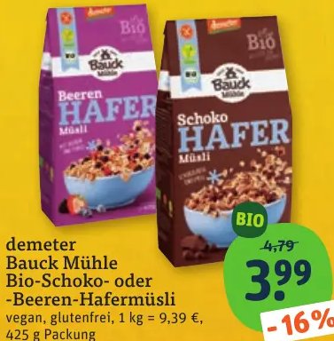 demeter Bauck Mühle Bio-Schoko- oder -Beeren-Hafermüsli