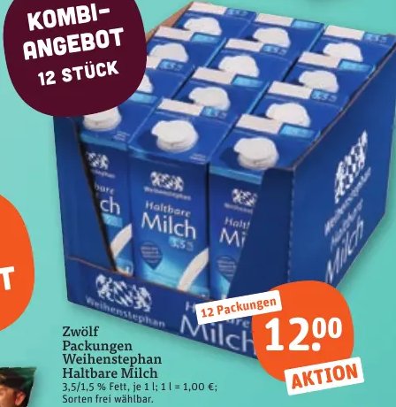 Zwölf Packungen Weihenstephan Haltbare Milch