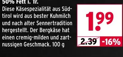 Südtiroler Hartkäse Pustertaler Bergkäse